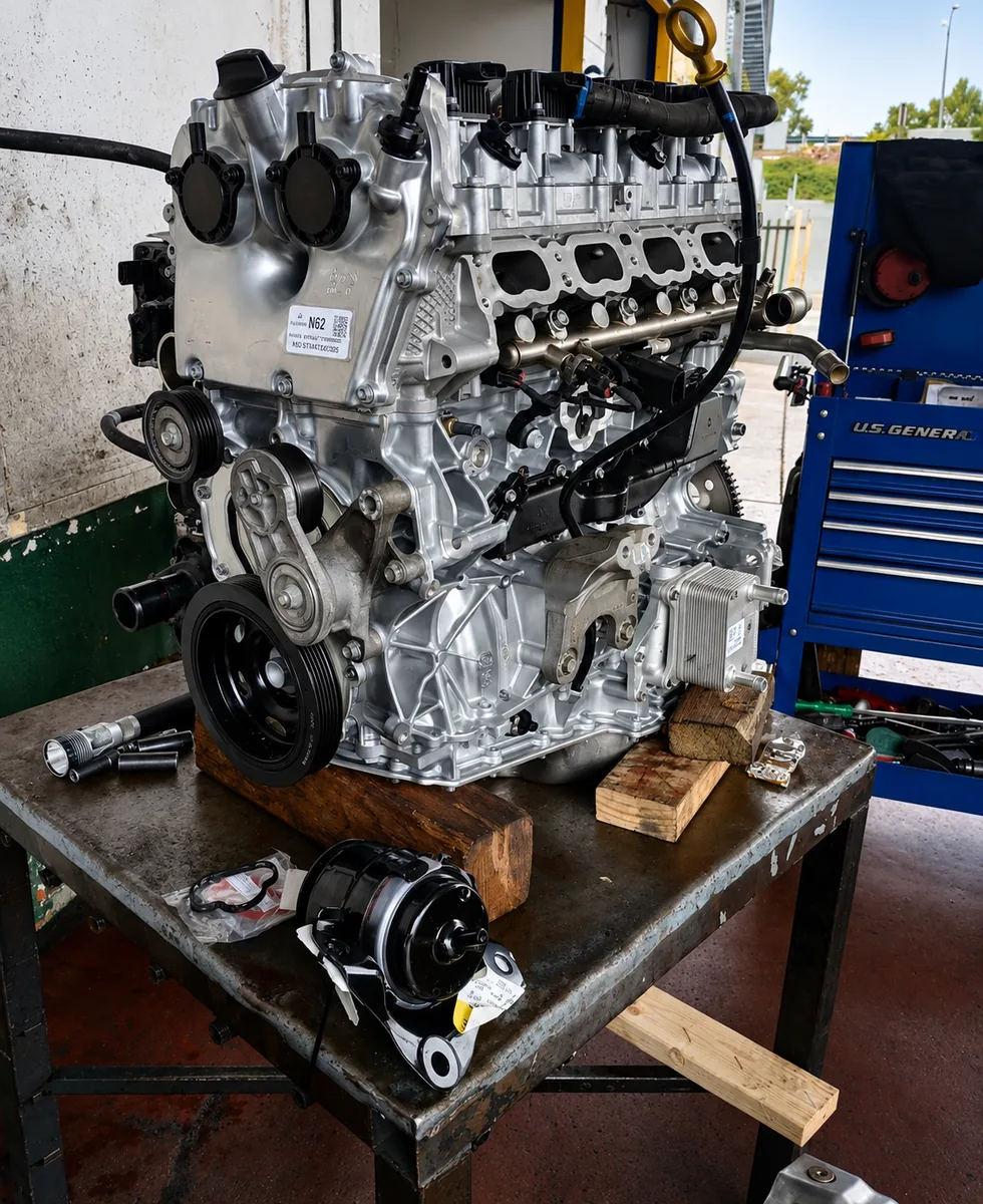 A freshly rebuilt engine on a workbench beside a tool chest at EPI Auto Service, ready for installation